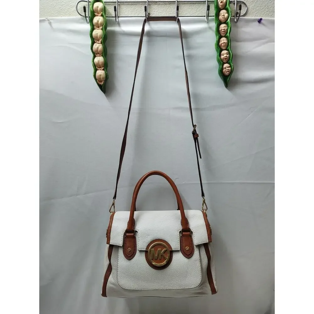 Michael Kors Margo White Pebbled Leather Logo Double Handles Satchel Bag